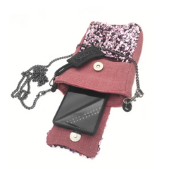 Pochette téléphone bandoulière rose et sequins