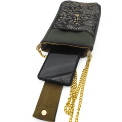 Pochette téléphone bandoulière simili kaki et dentelle