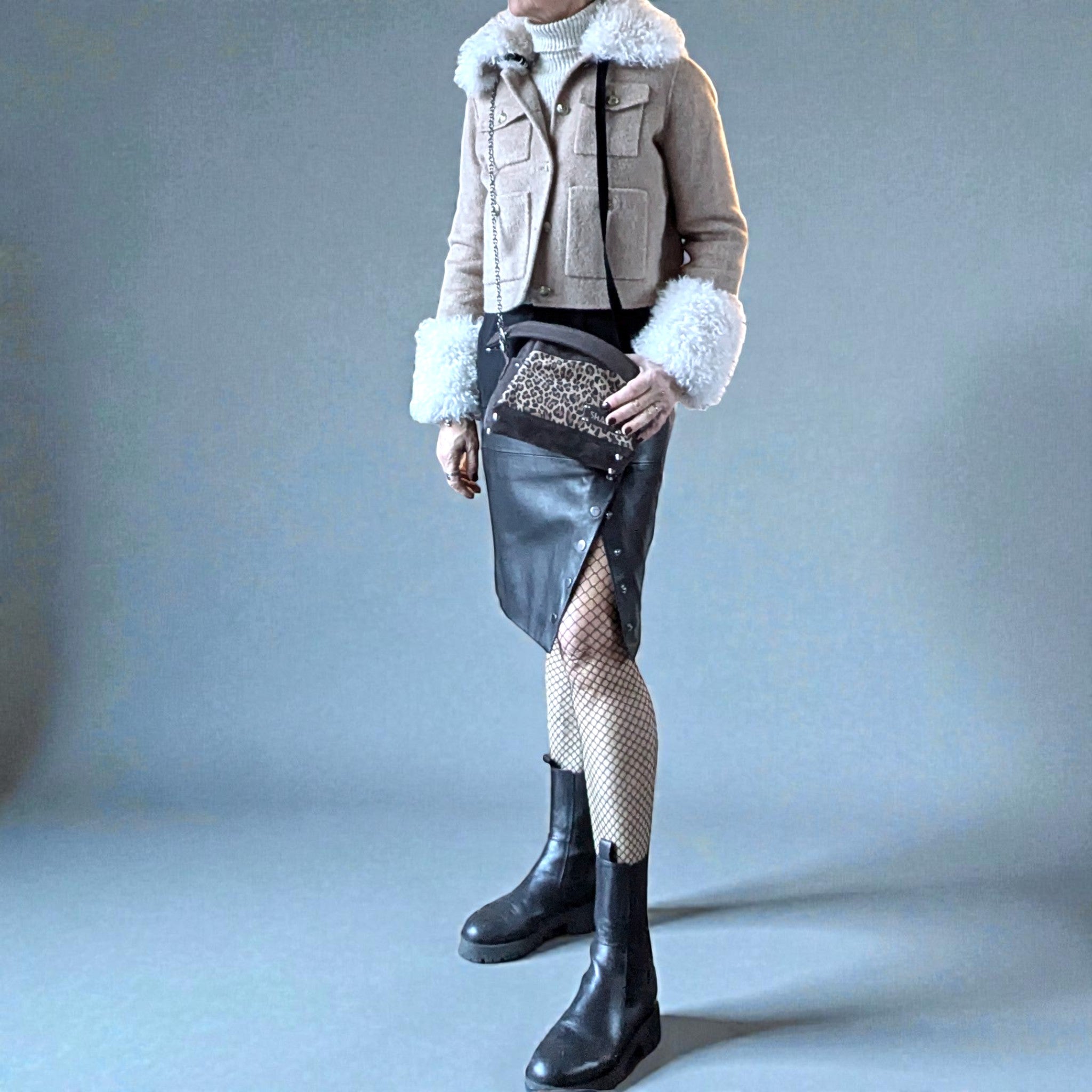 Sac  Dandy mini - motif léopard & nubuck marron