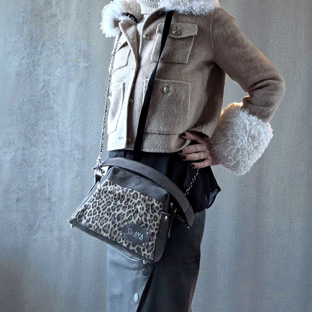 Sac  Dandy mini - motif léopard & nubuck marron